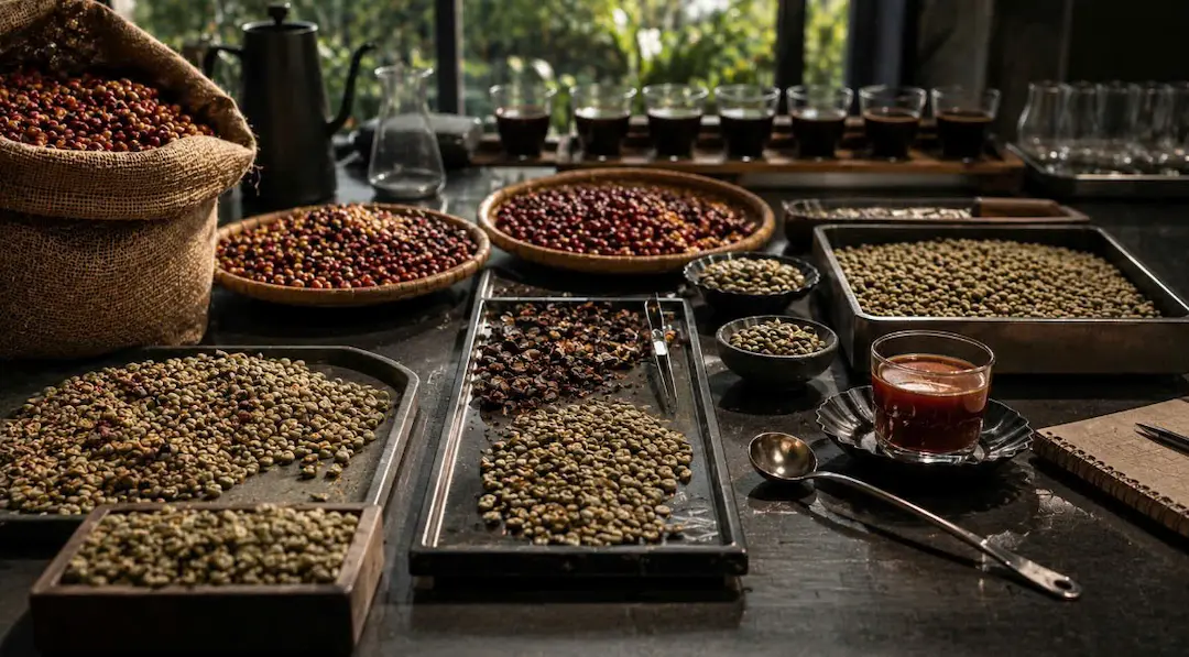 Phân loại hạt cà phê Robusta nhân xanh tại xưởng Lâm Đồng